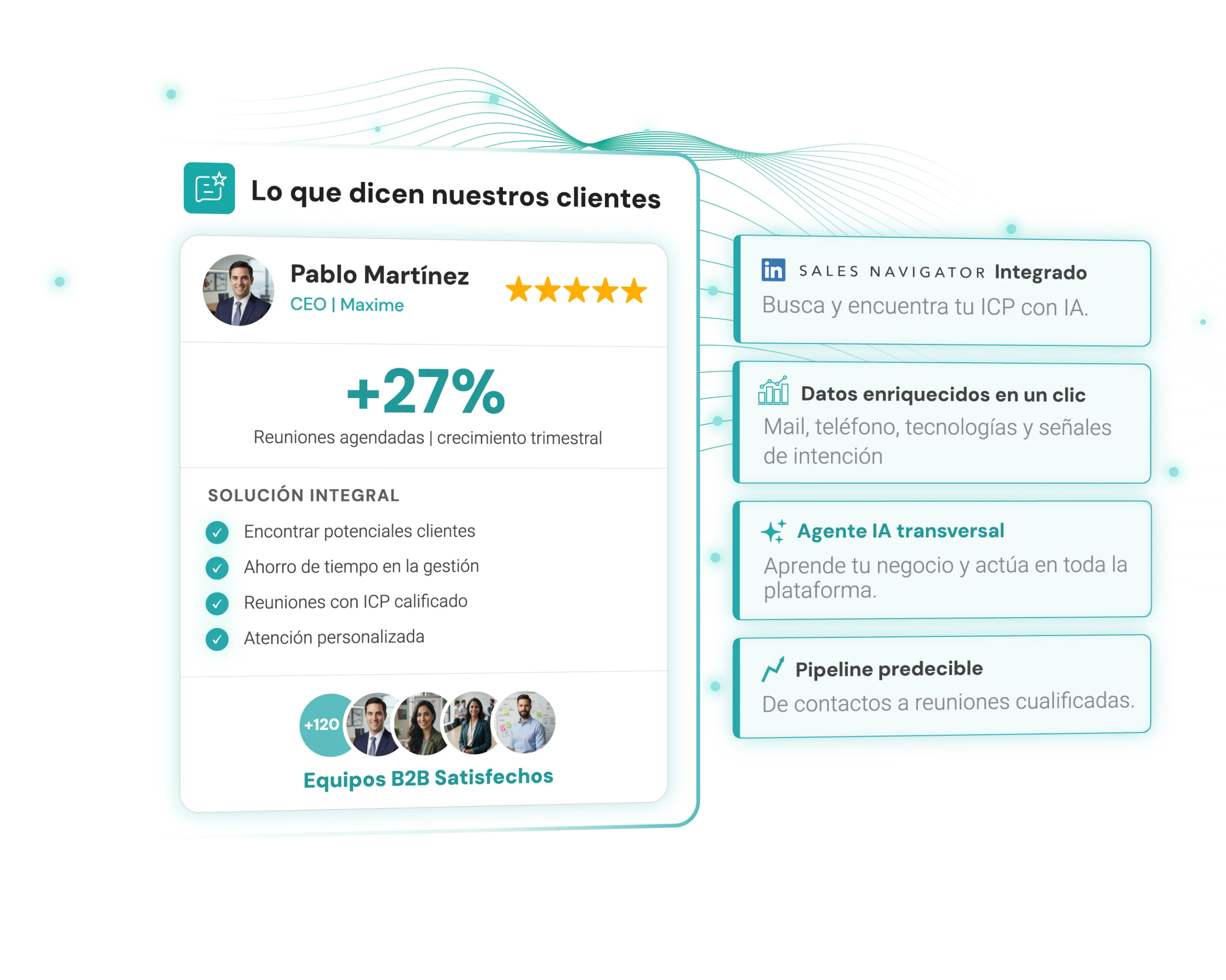 Synapsale — satisfacción de clientes B2B con +27% de crecimiento en reuniones agendadas, LinkedIn Sales Navigator integrado, datos enriquecidos, Agente IA transversal y pipeline predecible