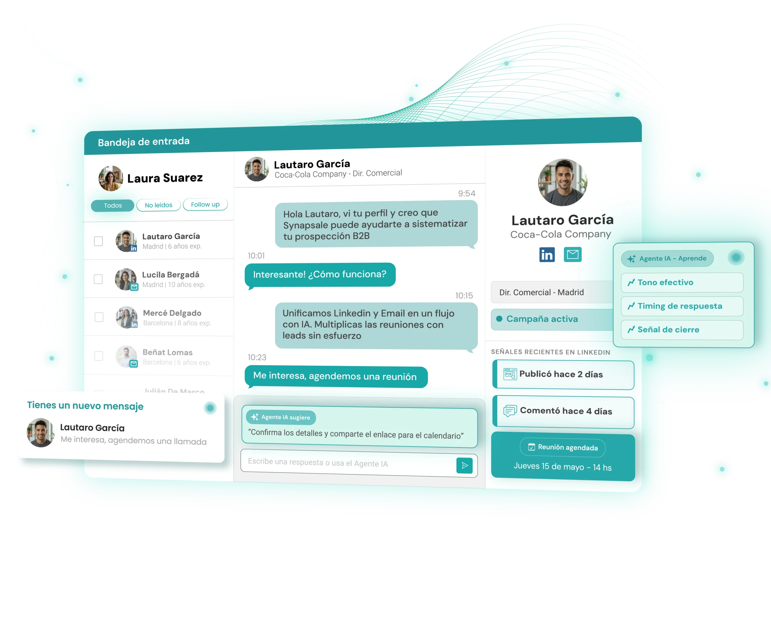 Synapsale — inbox unificado LinkedIn y Email con conversación real, Agente IA sugiriendo respuestas, señales de intención del contacto y reunión agendada